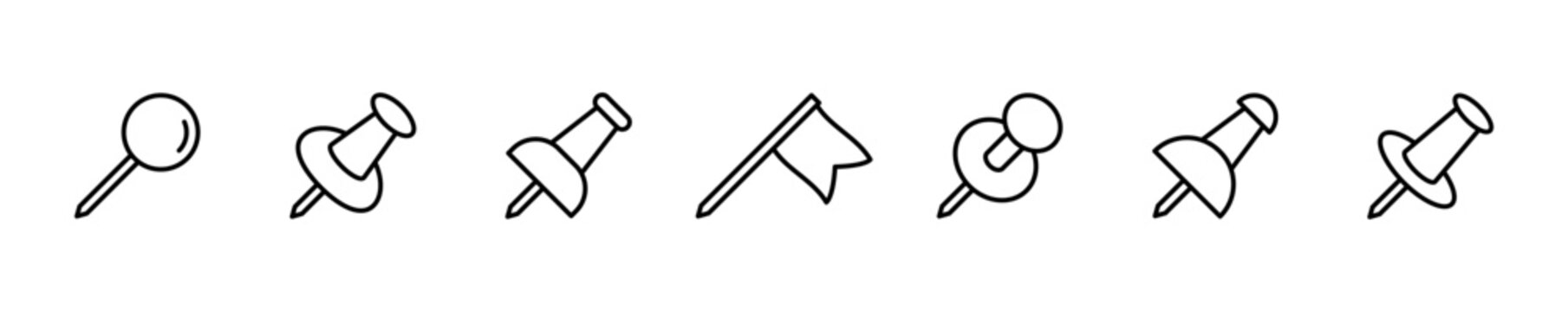 Push pin icon set. Thumbtack icons in line style. Editable web icons location marker, office stationery, note pin, paperclip, needle for fixing  etc. Vector illustration.