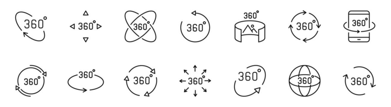 360 degrees view icon set. Rotation icons in line style. Editable web icons virtual reality, panoramic view, arrows etc. Vector illustration.