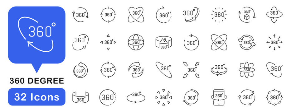 360 degrees view icon set. Rotation icons in line style. Editable web icons virtual reality, panoramic view, arrows etc. Vector illustration.