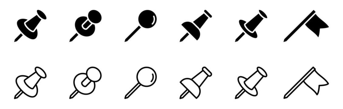 Push pin icon set. Thumbtack icons in line style. Editable web icons location marker, office stationery, note pin, paperclip, needle for fixing  etc. Vector illustration.