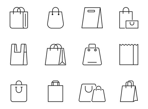 Shopping bag icon set. Paper bags icons in line style. Editable web icons online shop, order, packaging etc. Vector illustration.