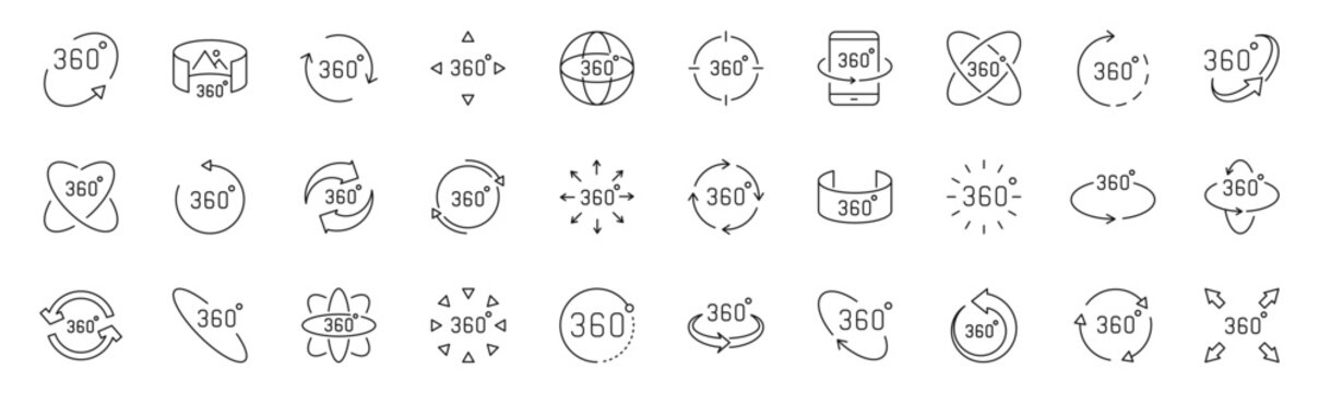 360 degrees view icon set. Rotation icons in line style. Editable web icons virtual reality, panoramic view, arrows etc. Vector illustration.