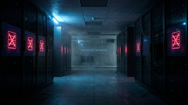 Dark server room with This Site Can't Be Reached background warning