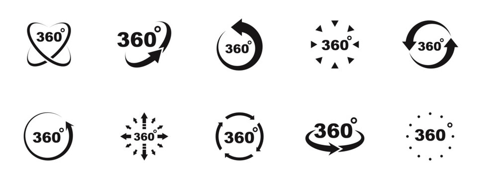 360 degrees view icon set. Rotation icons. Web icons virtual reality, panoramic view, arrows etc. Vector illustration.