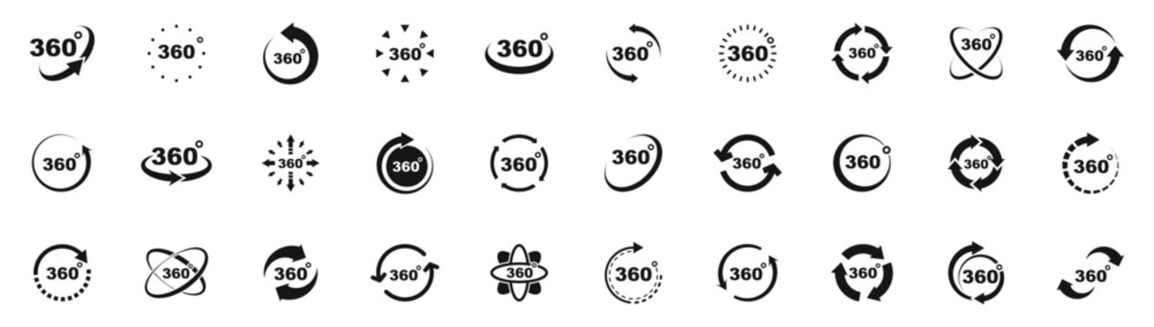360 degrees view icon set. Rotation icons. Web icons virtual reality, panoramic view, arrows etc. Vector illustration.