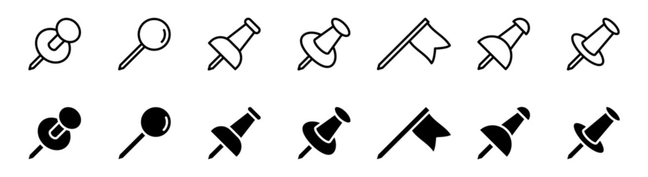 Push pin icon set. Thumbtack icons in line style. Editable web icons location marker, office stationery, note pin, paperclip, needle for fixing  etc. Vector illustration.