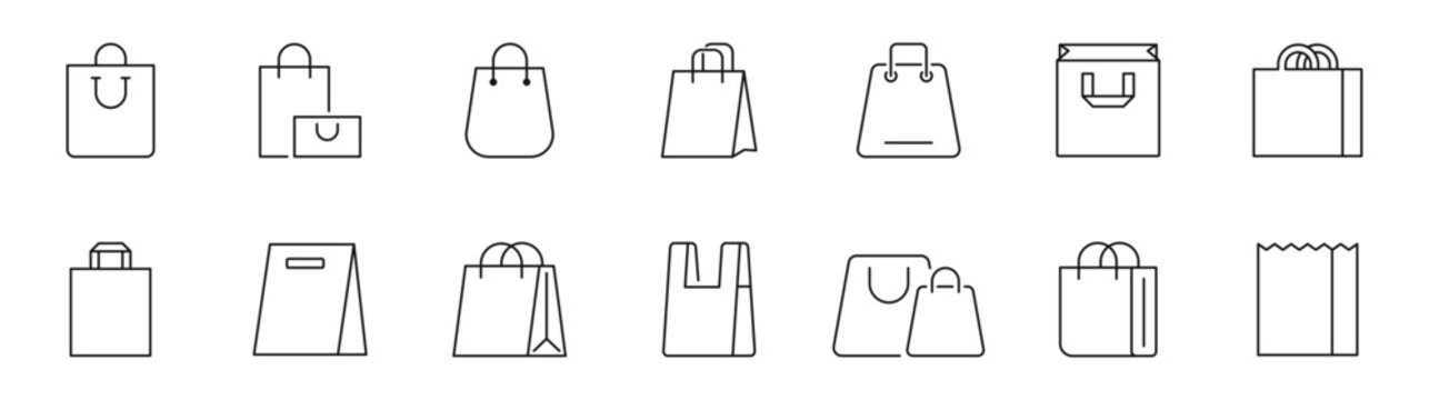Shopping bag icon set. Paper bags icons in line style. Editable web icons online shop, order, packaging etc. Vector illustration.