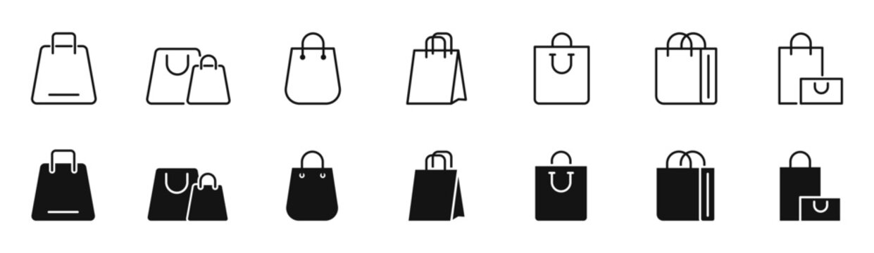 Shopping bag icon set. Paper bags icons in line style. Editable web icons online shop, order, packaging etc. Vector illustration.