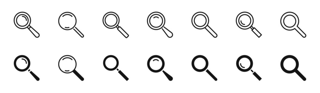 Magnifying glass icon set. Search icon collection. Find symbol. Magnifier icon. Vector illustration.