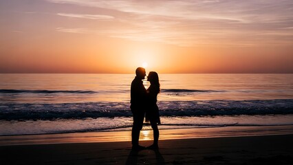 Fototapeta premium Loving Couple Silhouette Beach Sunset.