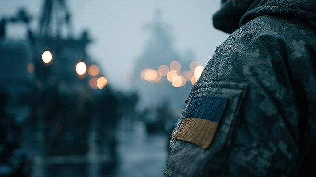 Soldier stands with Ukrainian flag patch at a military event during a foggy evening