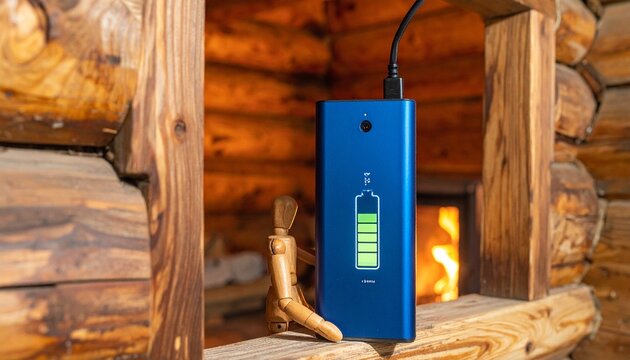 A wooden mannequin holds a blue battery icon near a glowing fireplace, symbolizing the balance between natural warmth and modern energy in a digital world.