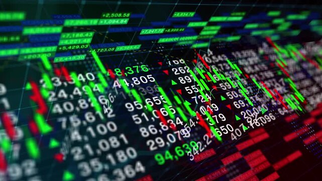 Numbers of data price moving in grid table, candlestick market financial stock, economy market screen display investment trading real time