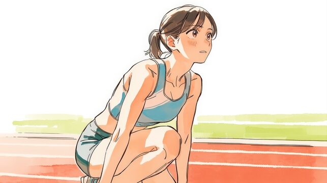 トラックでスタートを待つ陸上選手