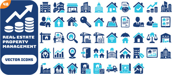 Fototapeta premium Real estate and property management icon set featuring apartment, villa, commercial building, mortgage, home loan, tenant, landlord, land plot, for sale, and rental symbols.