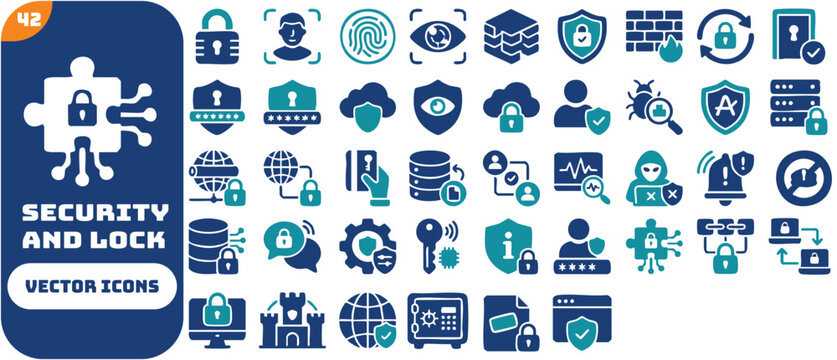 Security and lock icon set featuring biometric face recognition, fingerprint scan, data encryption, cybersecurity, two-factor authentication, privacy, and firewall protection.