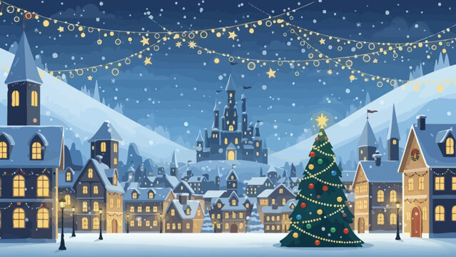 Decorated Christmas tree glowing in a snowy European village square.