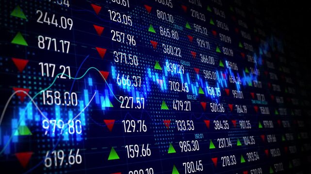 Digital screen stock market ticker showing prices in percentage, stock market investment chart showing price volume index, financial trading data analysis