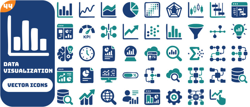 Advanced data visualization icon set featuring bar chart, line graph, heatmap, radar chart, candlestick, Gantt chart, and dashboard symbols for business analytics and data science.
