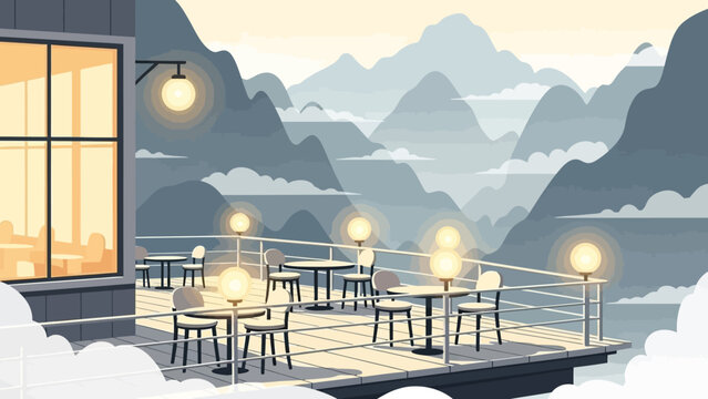 Outdoor cafe terrace with tables and chairs on a mountain top.