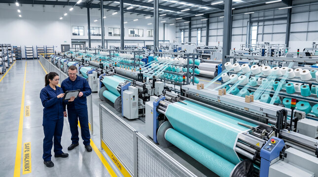 Two workers stand in a textile manufacturing facility. They look at a tablet and discuss production. The factory has many machines and spools of material around them. It is daytime and bright inside.