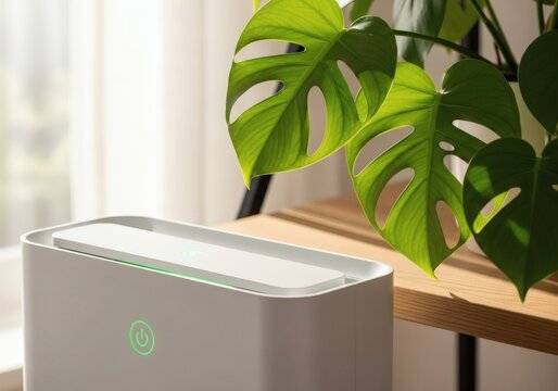 Modern air purifier with green indicator light next to lush Monstera houseplant in a bright interior