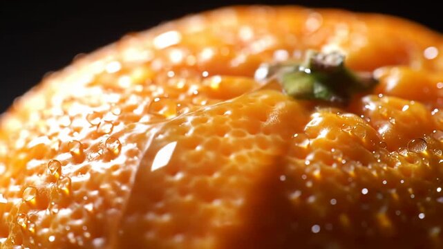 Up-close view of a bright orange fruit with water droplets on its textured surface