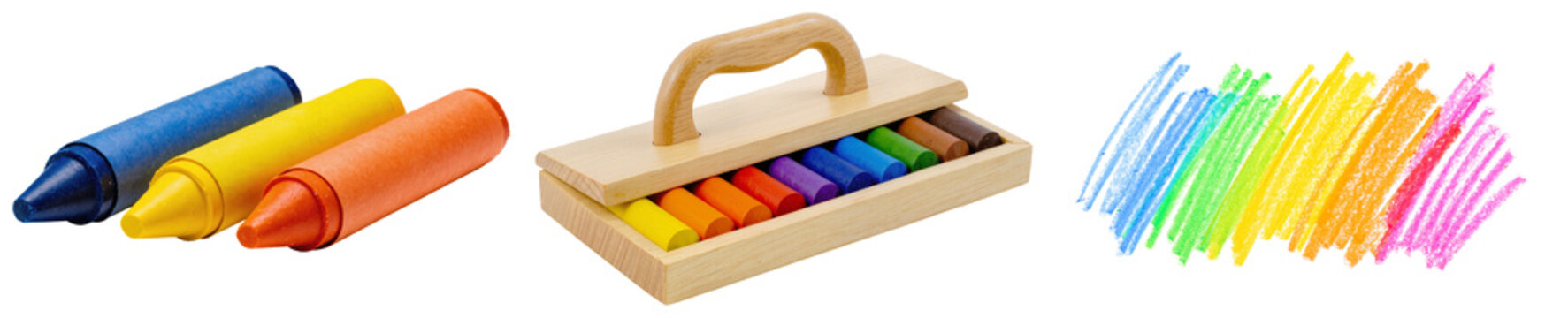 Set of crayons in a wooden box and a drawing of colorful scribbles isolated on transparent background