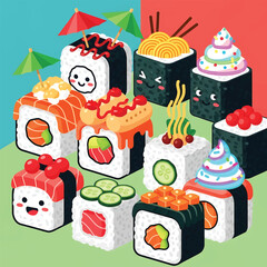 Colorful cartoon sushi rolls with toppings. © vektor