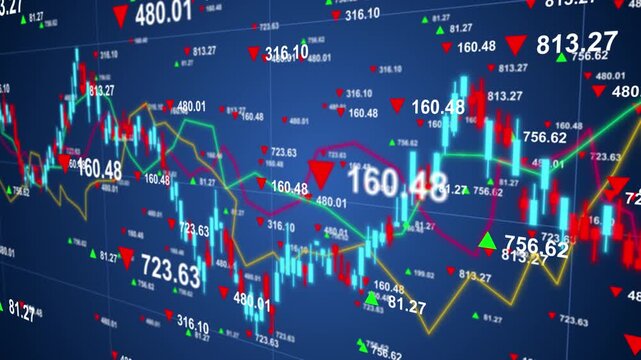Number price arrow up and down, line and candle chart stock market chart showing financial investment, trading profit and loss, economic growth index, business wealth analysis