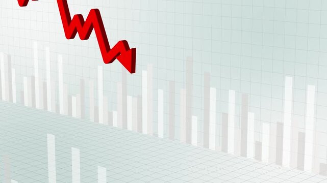 Red 3D line arrows pointing up and down showing stock market growth and decline, financial investment trend, business profit and loss, and economic performance concept