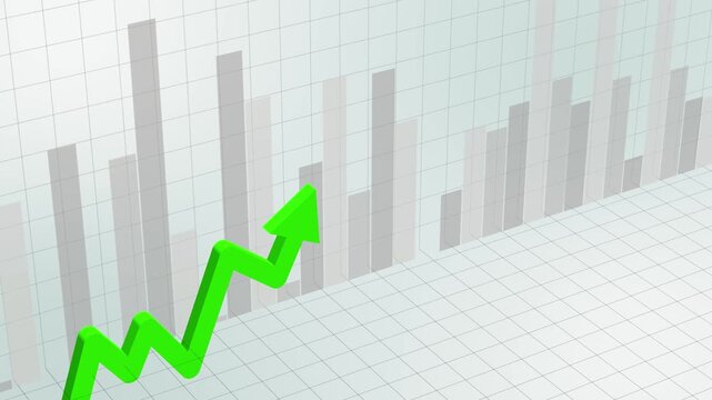 Green 3D line arrow pointing upward showing stock market growth, financial investment uptrend, business profit increase, economic performance rise, and positive trading concept