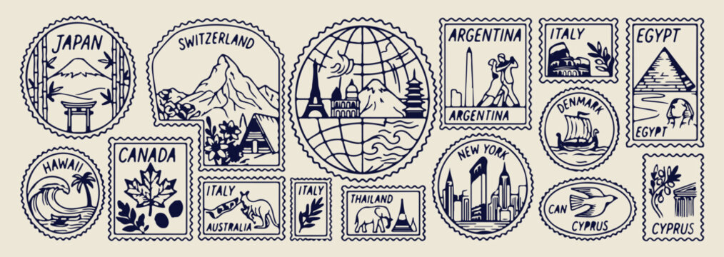 travel stamp pattern, global world landmark, iconic tourism symbols, international adventure passport, vintage post mark, minimal line art, vector background design
travel, stamp, pattern, world, glob
