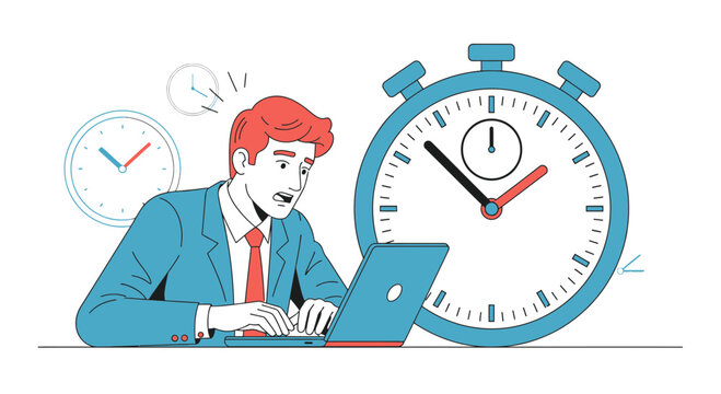 Stressed businessman working late at computer, deadline pressure with clocks