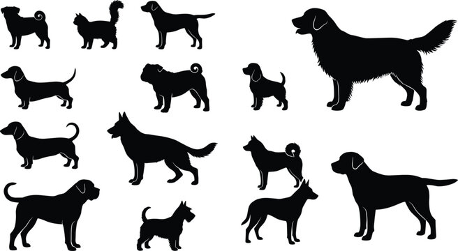 Dog breeds black silhouettes mega set featuring full body vector shapes of golden retriever german shepherd labrador dachshund pug rottweiler and a domestic cat on white background
