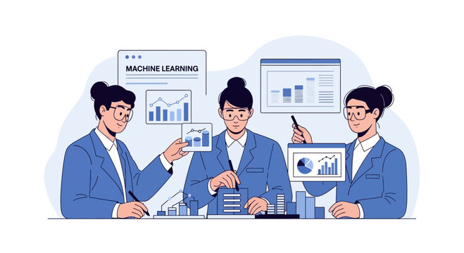 Team Analyzing Machine Learning Data & Trends | Business Strategy Illustration