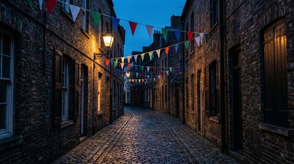 Fototapeta premium A nighttime scene of colorful flags hanging over a cobblestone alleyway between old brick buildings with lit street lamps.