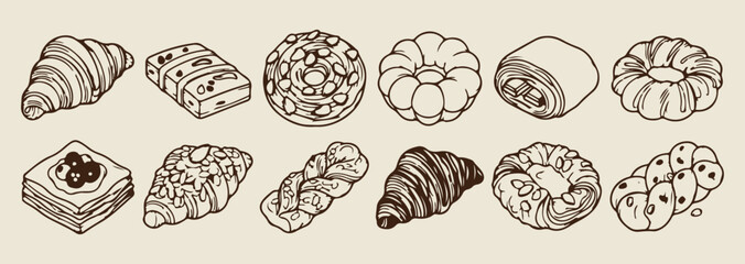 pastry bakery doodle collection, minimalist delicious food sketches, clean bakery treat icon, modern bread art set, simple croissant graphic, bakery product sketch, premium vector pastry set pastry, b © Geetaroy