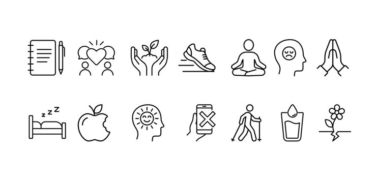 Set of mental health and self-care line icons. Includes journaling, friendship support, running, meditation, depression, prayer, healthy eating, positive thinking, digital detox.