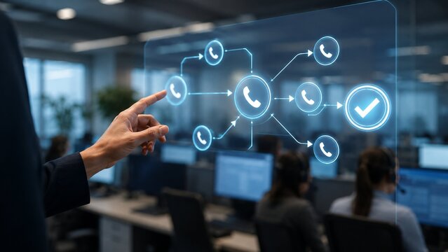 Call Routing Workflow Dashboard With Phone Nodes And Holographic Approval Interface