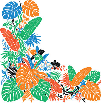 Colorful tropical floral corner border with hibiscus, palm leaves, and monstera. Summer, Hawaiian, luau, and nature frame vector design.