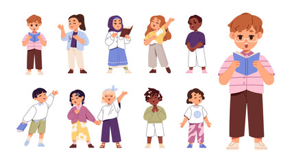 Fototapeta premium Set of kids singing songs. Happy children perform anthem, carol concert. Divers little singers of church chorus. Boys and girl are in choir. Flat isolated vector illustrations on white background