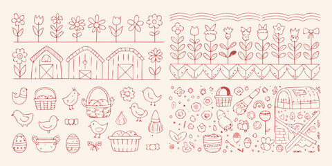 farm doodle pattern with flowers chickens and barns © Kanika