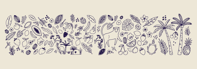 monkey jungle nature drawing, minimalist wildlife animal sketch, clean tropical forest icon, modern jungle plant art, simple primate doodle graphic, wild animal forest sketch, premium vector nature se © Geetaroy