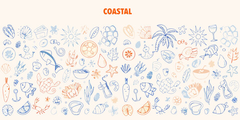 hand drawn coastal elements and seaside doodles in blue and orange © Kanika