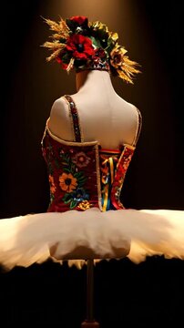 Elegant ballet costume with floral headdress and ornate bodice display