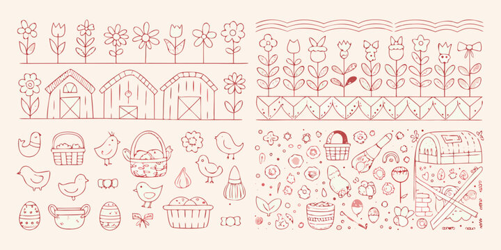 farm doodle pattern with flowers chickens and barns