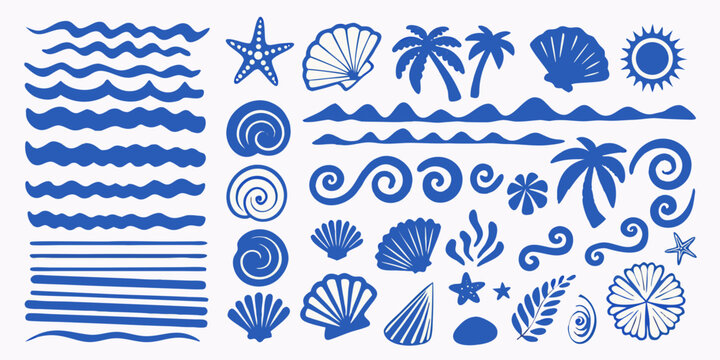 blue ocean waves seashells and starfish vector illustration