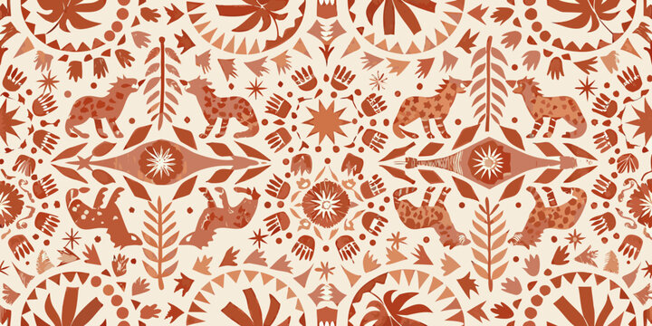 animal and botanical pattern terracotta and beige vector illustration
