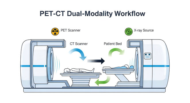 PET CT Dual Modality medical imaging workflow illustration